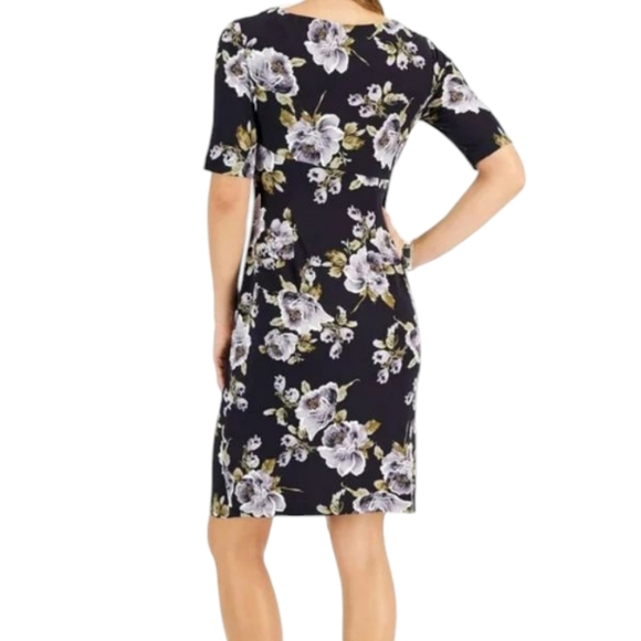 Connected Apparel Deep Pruple Faux Wrap Flroal Stretchy Dress Size 8P - Picture 3 of 15